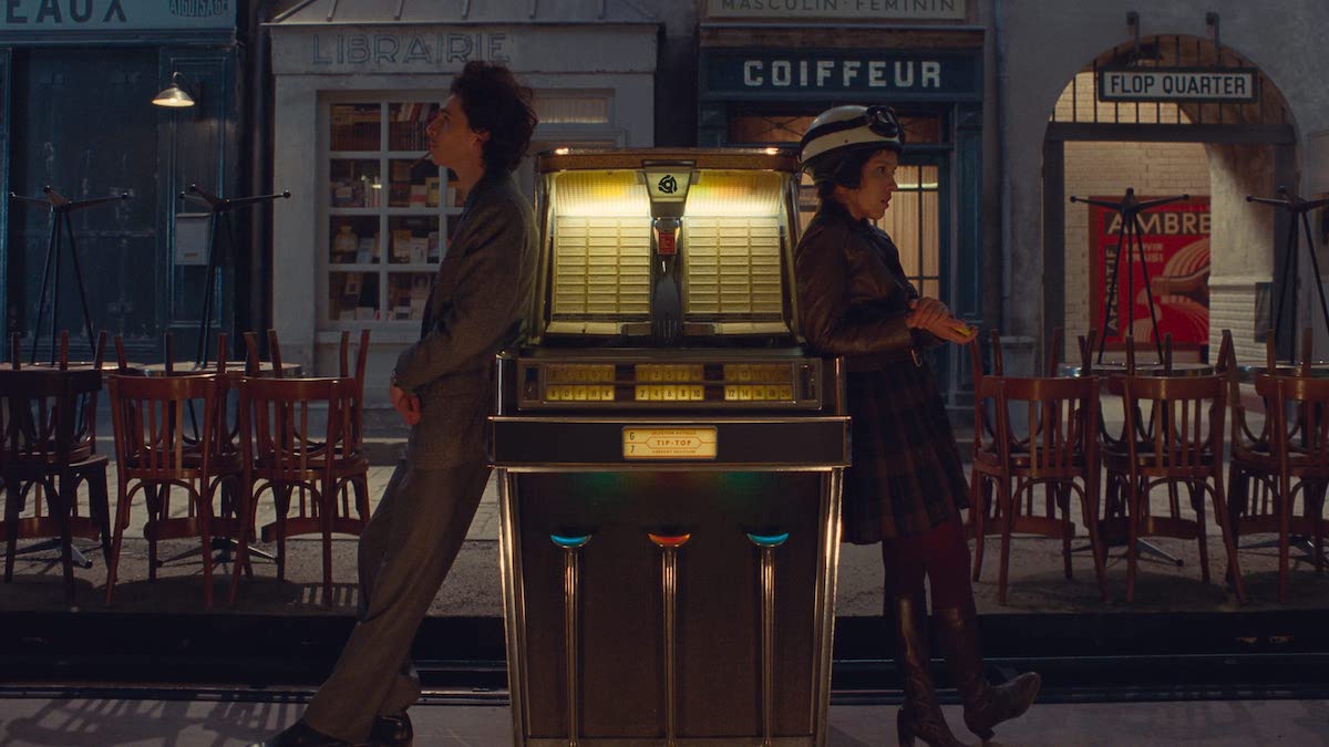 Movie still of street scene from The French Dispatch