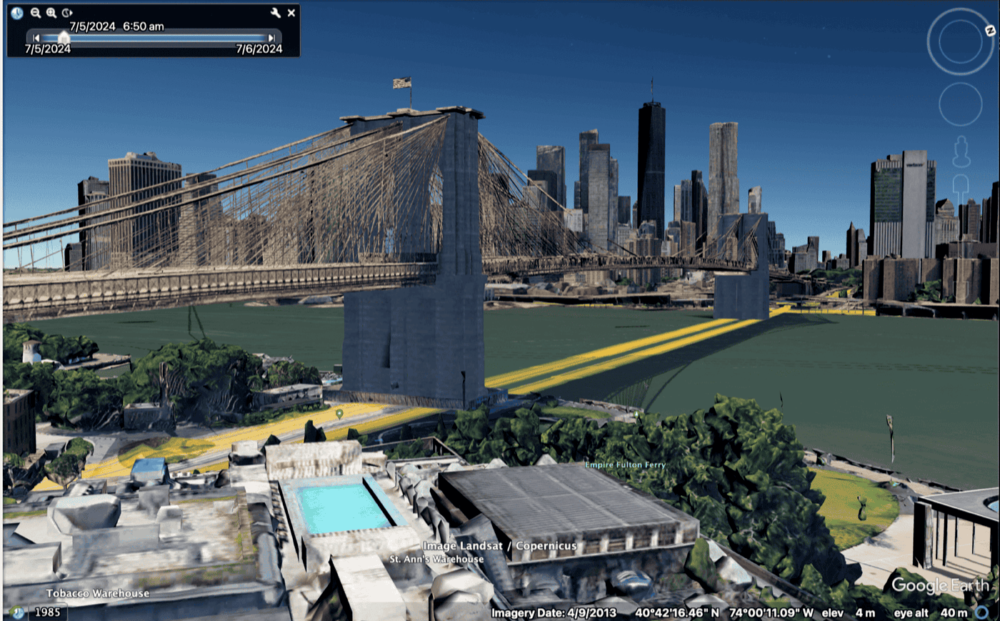 3D view of Brooklyn Bridge, New York City in Google Earth Pro