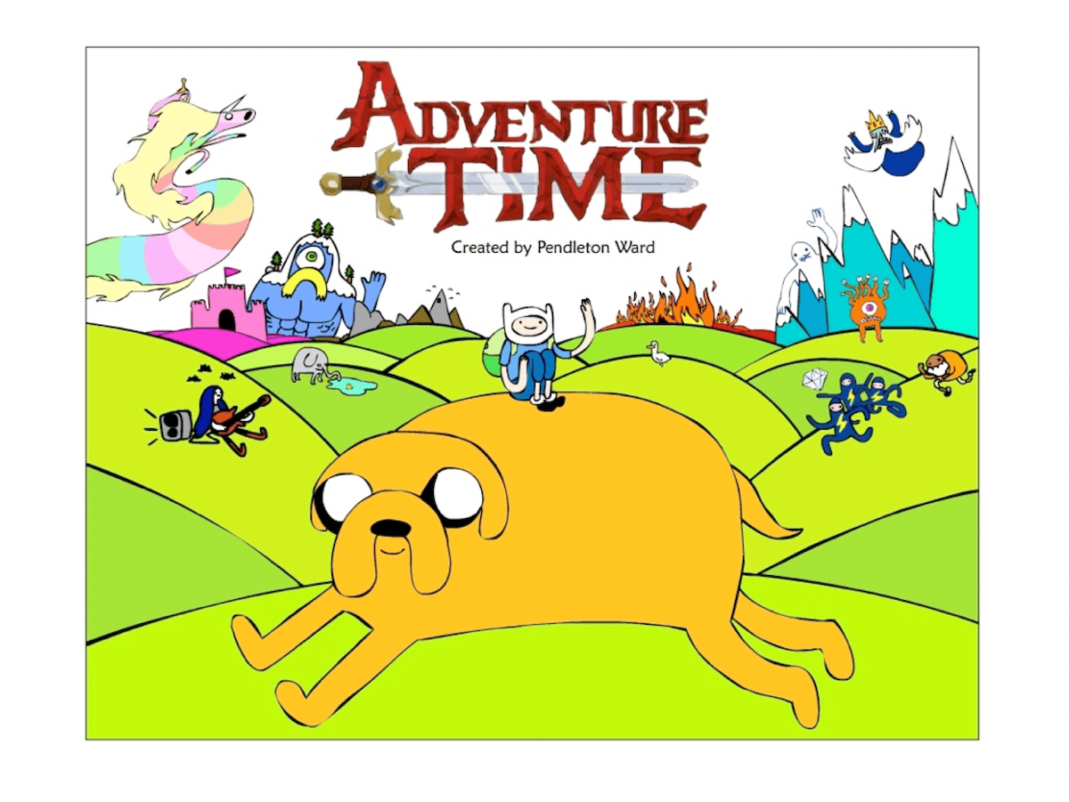 Adventure Time animated series pitch deck cover page with clapperboard-style layout showing the show bible design