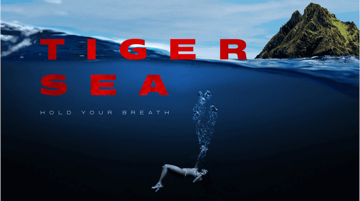 Tiger Sea feature film pitch deck slide showing cinematic ocean photography and title treatment for the investor proposal