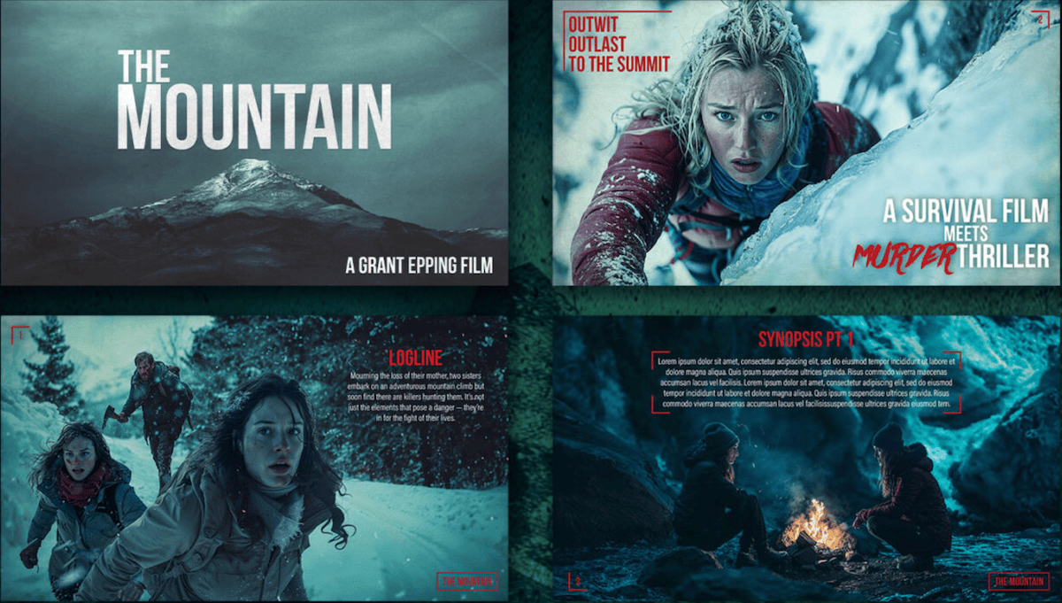 The Mountain feature film pitch deck slide with moody mountain landscape photography and title treatment overlay