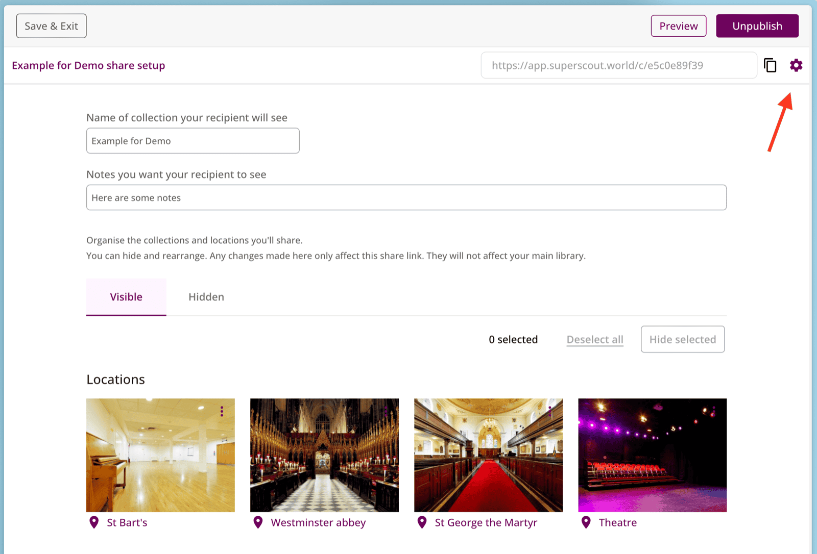 SuperScout share link setup showing collection name, notes fields, and location thumbnails including Westminster Abbey and Theatre