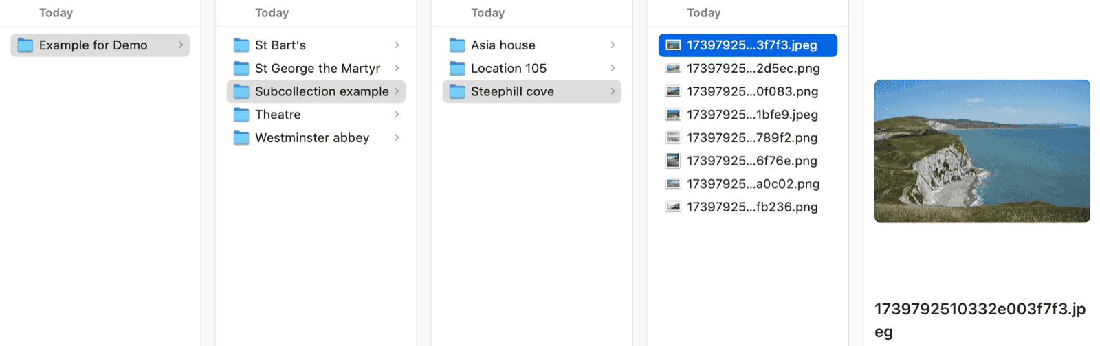 SuperScout share link settings panel with editable tags and hierarchical folder tree showing collections and sub-collections
