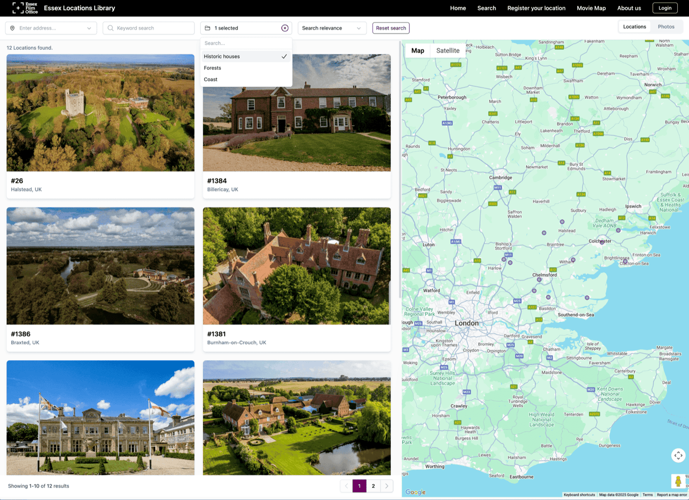 Essex Film Office public locations library search page filtered to historic houses with results list and map view