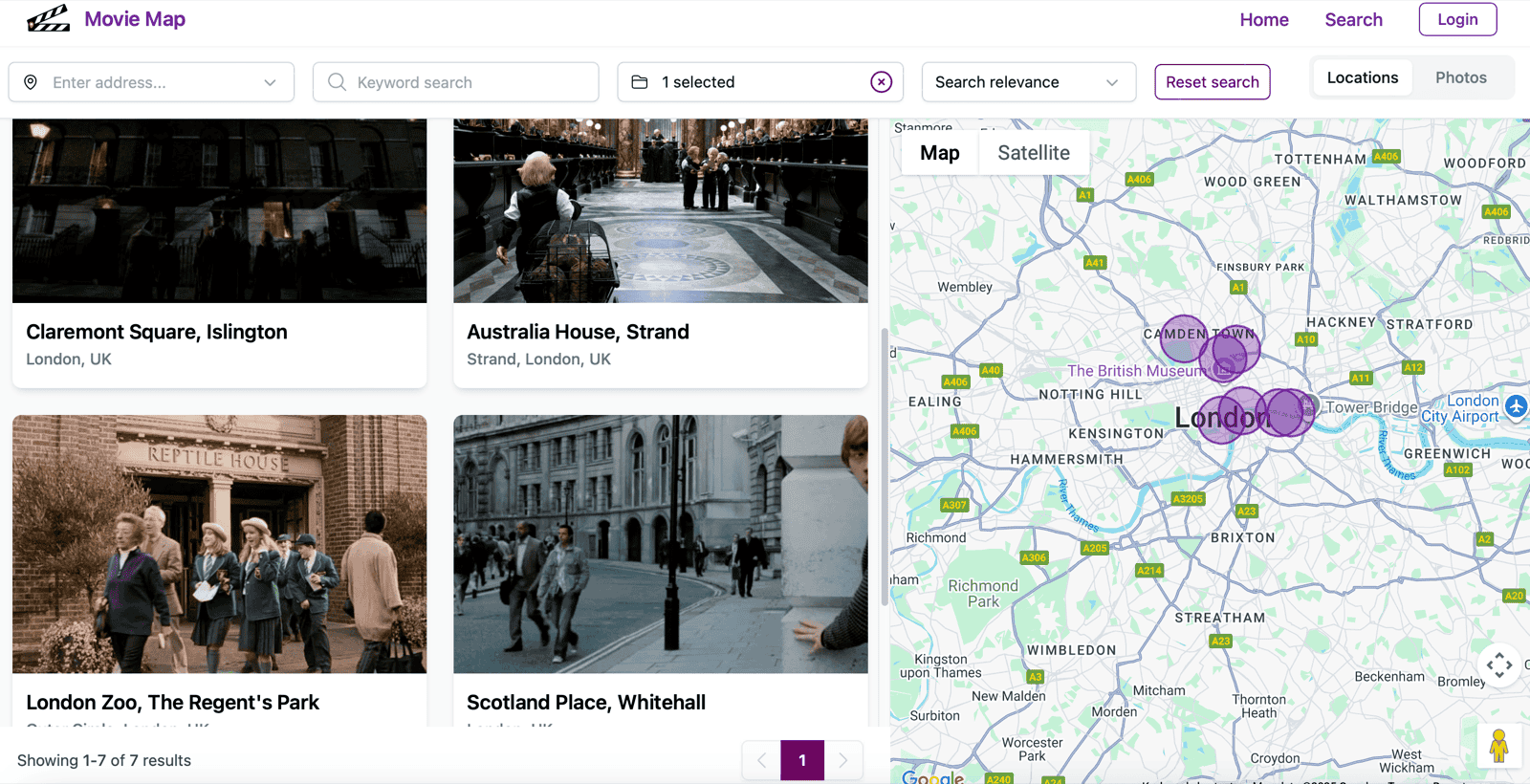 SuperScout Movie Map showing Harry Potter London filming locations including Claremont Square, Australia House and Scotland Place on Whitehall