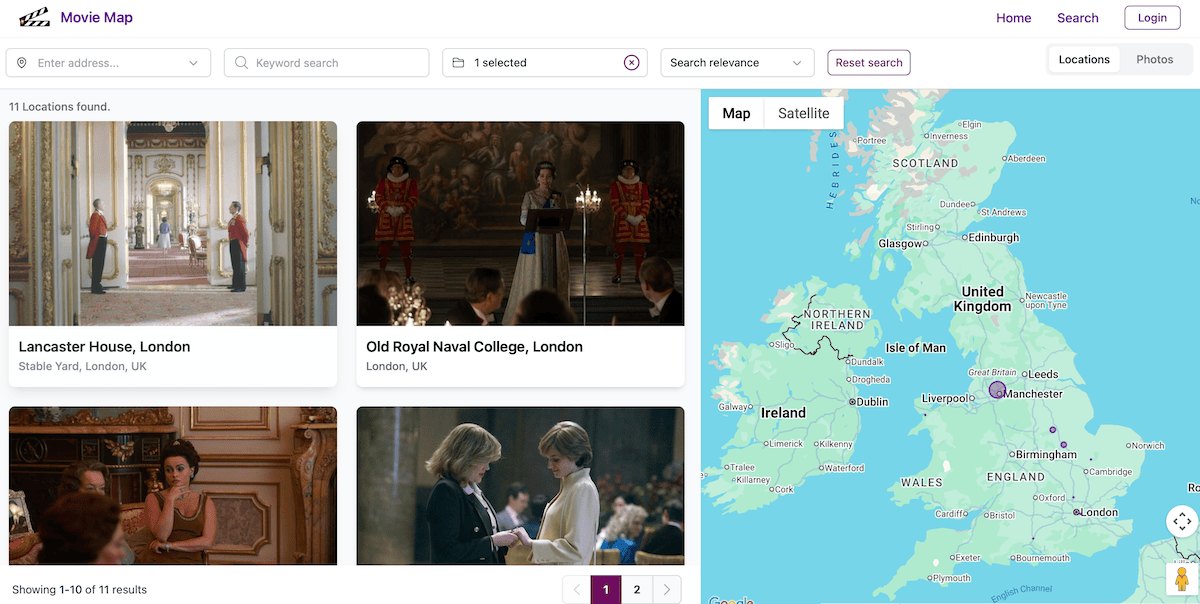 SuperScout Movie Map showing The Crown filming locations including Lancaster House and Old Royal Naval College in London