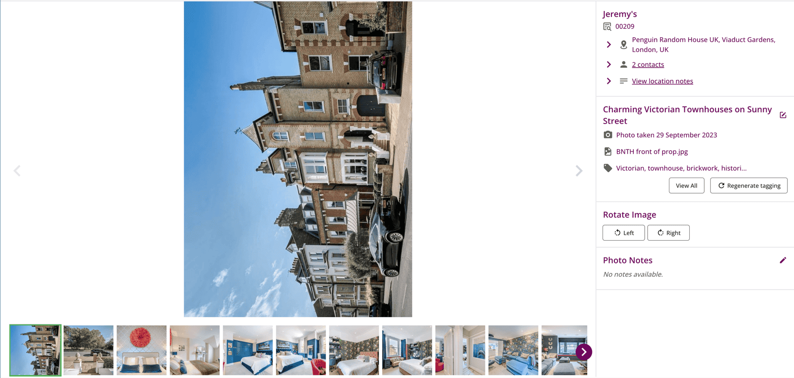 SuperScout location detail page showing Victorian townhouses in London with photo gallery, map and editable keyword tags