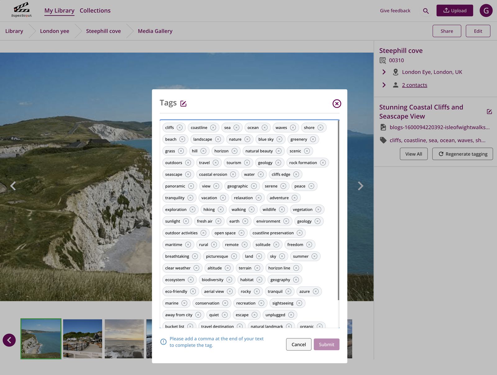 SuperScout location tagging interface for Steephill Cove showing extensive keyword tag editing panel for a coastal filming location