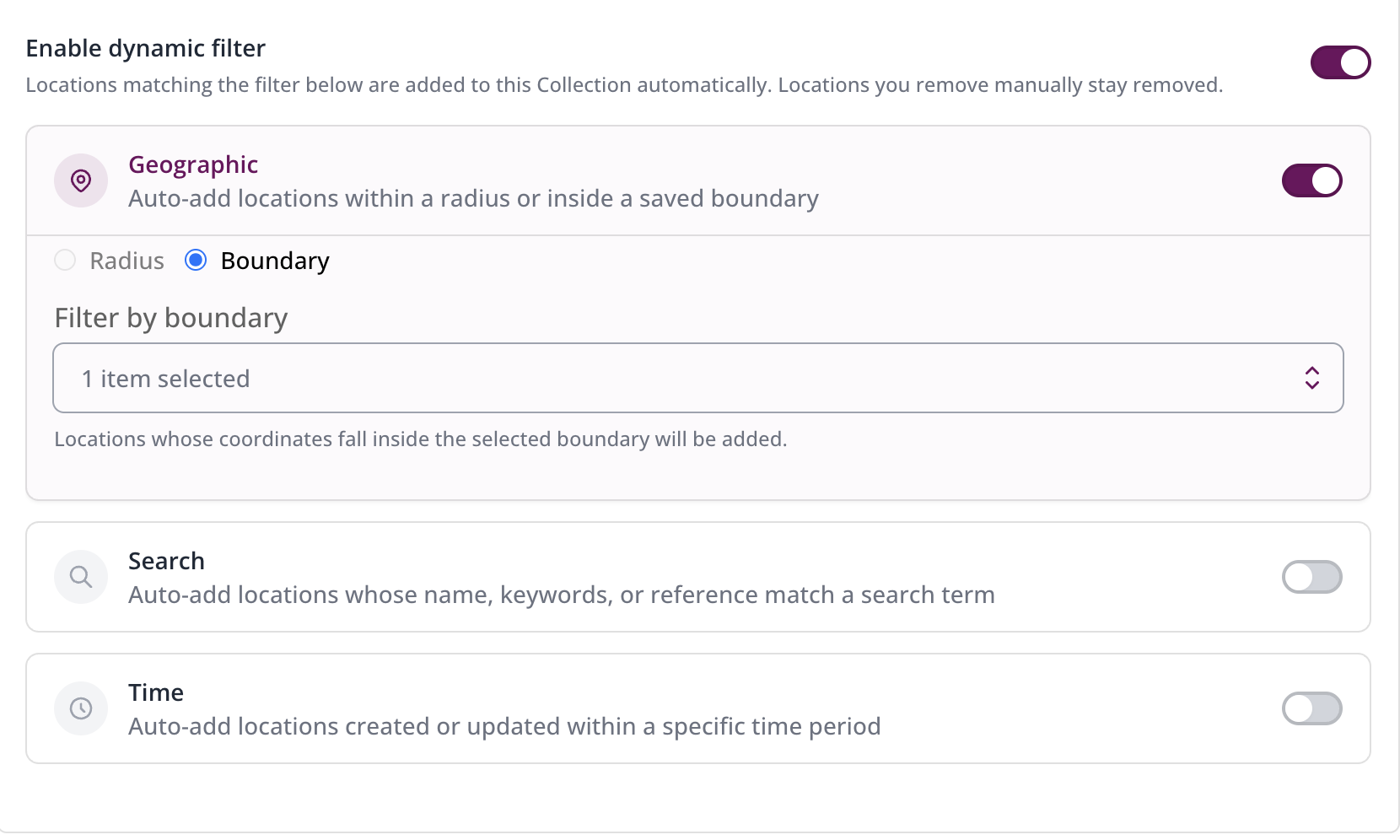 The Dynamic Filter setup panel in SuperScout, showing Geographic, Search, and Time filter options with the Geographic filter enabled and set to a saved boundary