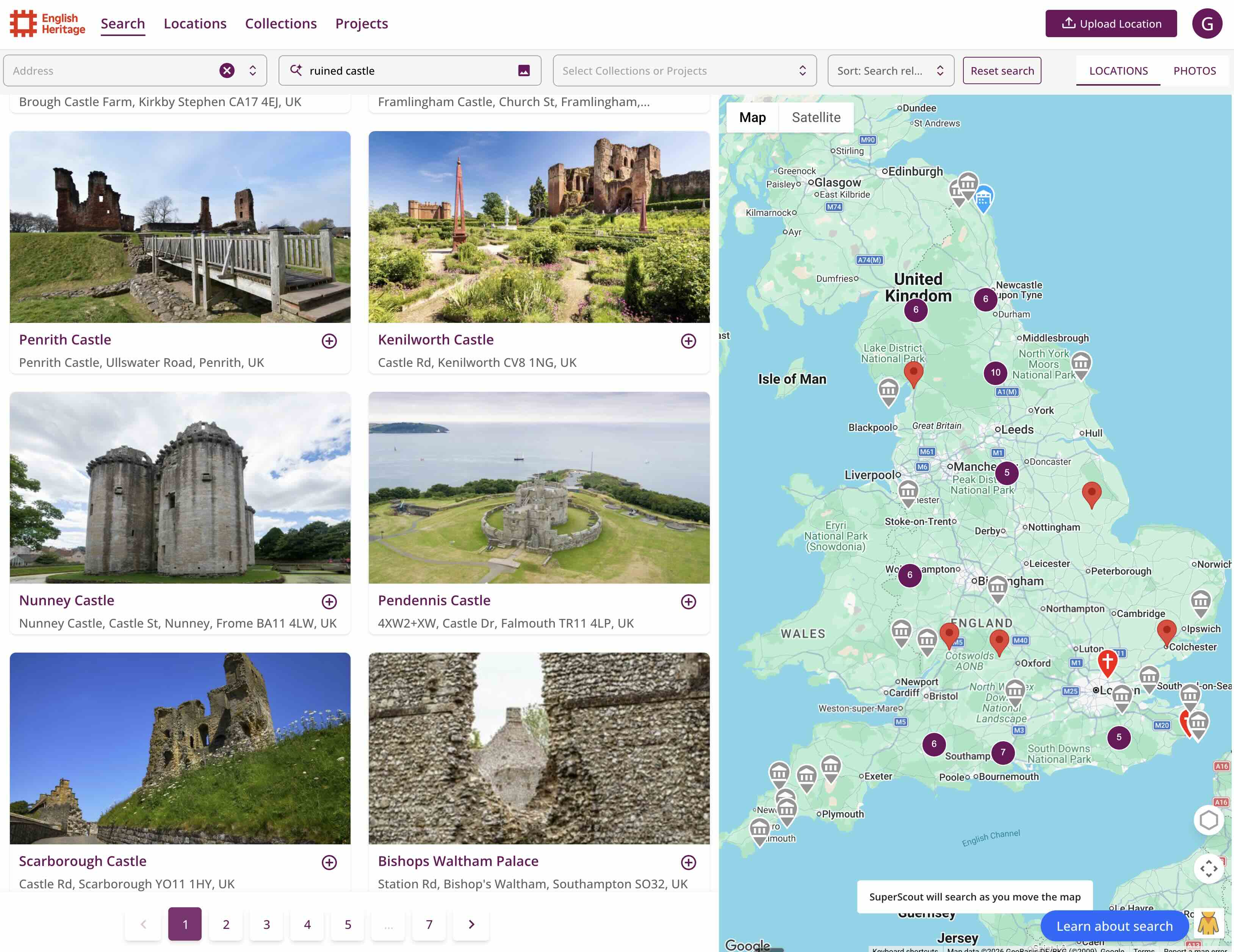 Click to expand SuperScout search results showing locations matching a brief