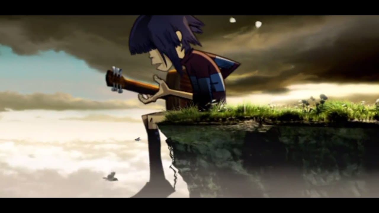 Gorillaz Feel Good Inc. music video animated still showing a character playing guitar on a floating cliff island
