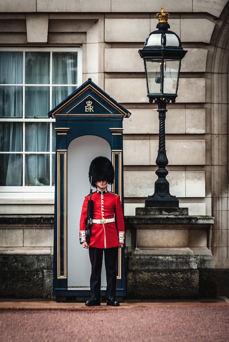Royal Guard in red uniform standing in sentry box at Buckingham Palace – a protected public filming location in London