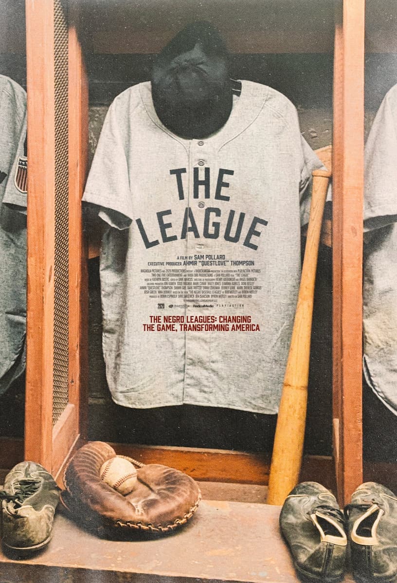 The League documentary movie poster showing a baseball jersey in a locker room, about the Negro Leagues