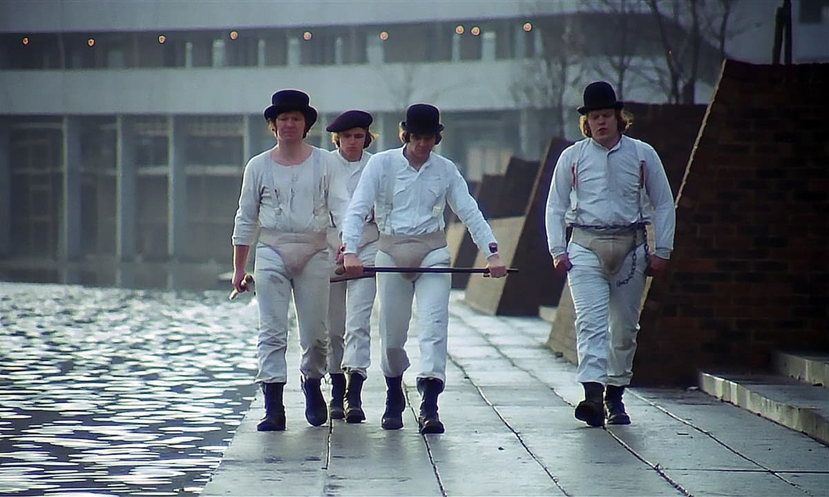 film still from a clockwork orange in Thamesmead Estate