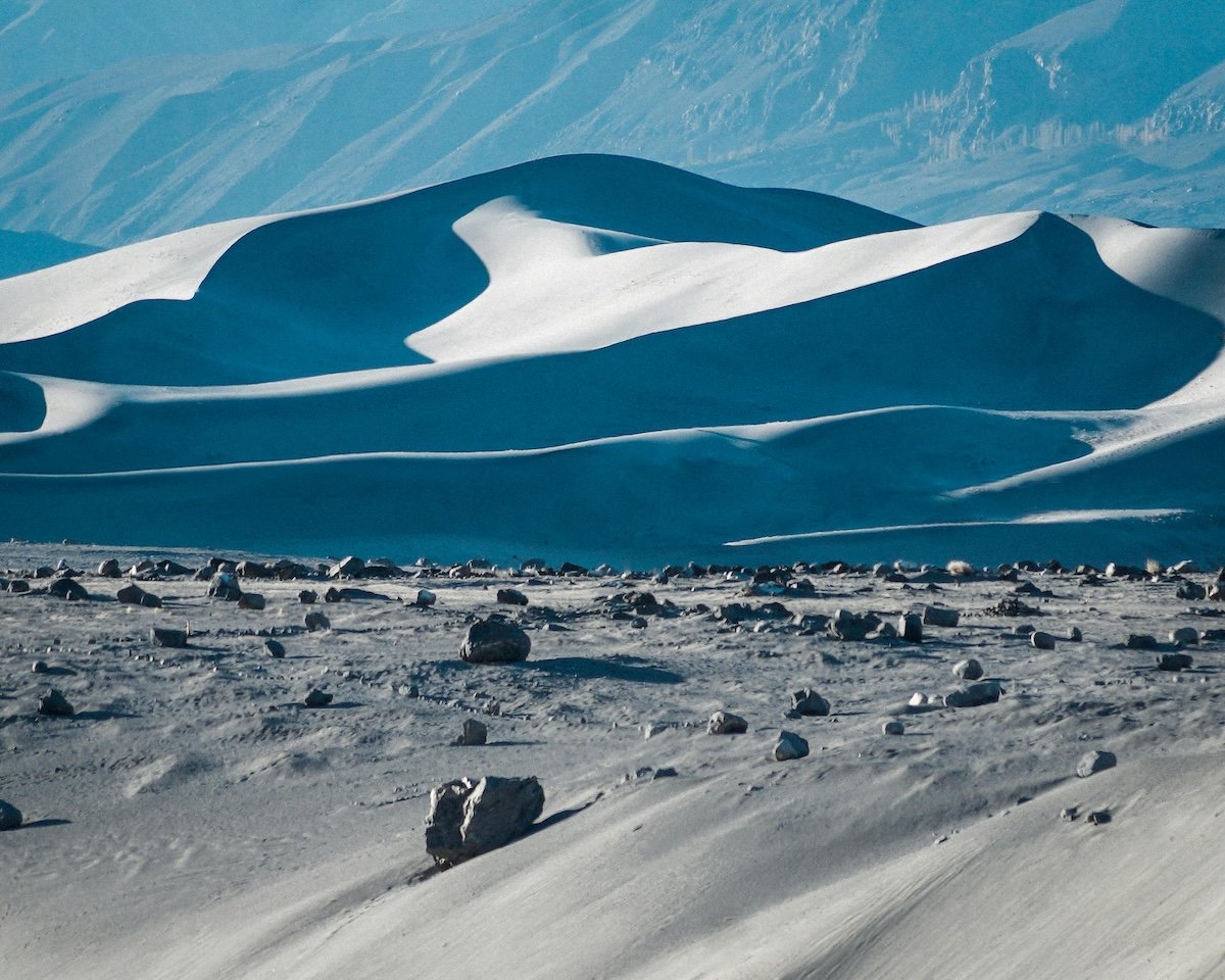 remote desert landscape with dunes in the background