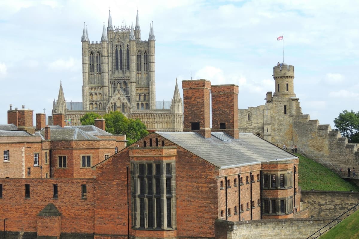 Lincoln Cathedral Gothic towers and Lincoln Castle walls from the city rooftops, filming location for Pride and Prejudice (2005)