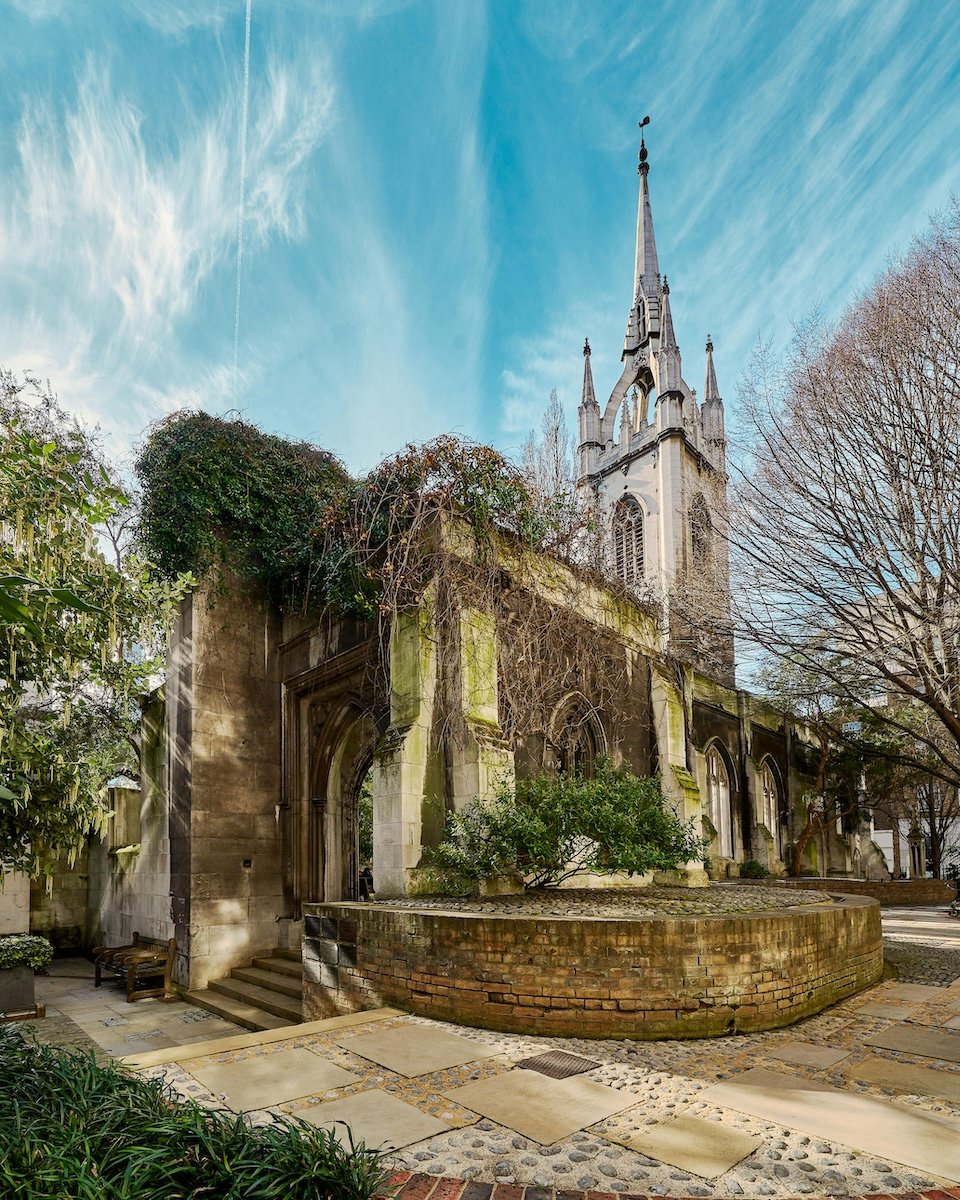exterior of ruined church at St Dunstan-in-the-East