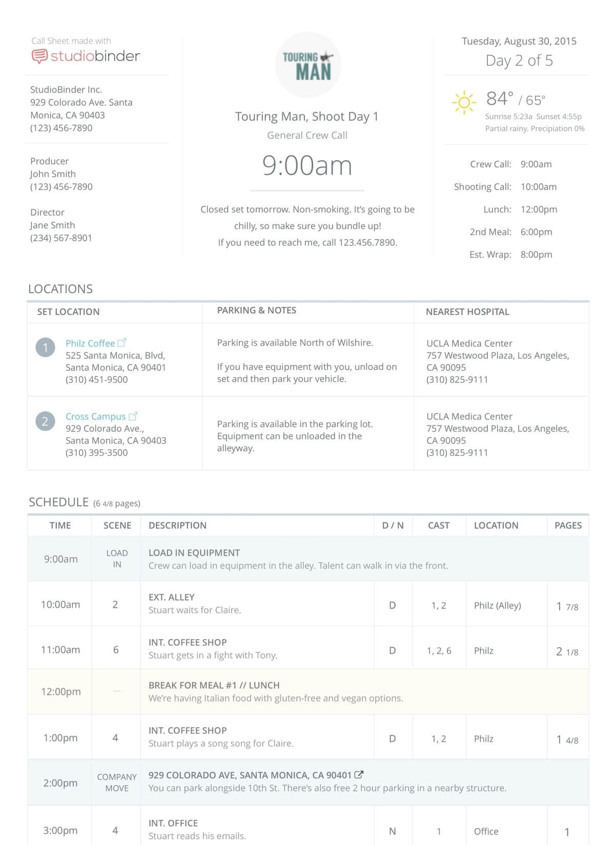call sheet template by StudioBinder